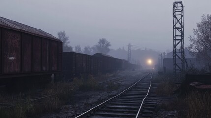 Obraz premium A quiet rail yard at dawn with rusted freight cars and steel tracks disappearing into the mist