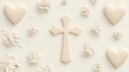 Fototapeta premium Beige Cross with Hearts and Flowers Arrangement