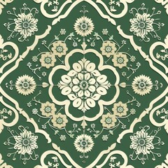 A decorative floral pattern in cream and green, suitable for textiles or wallpaper.
