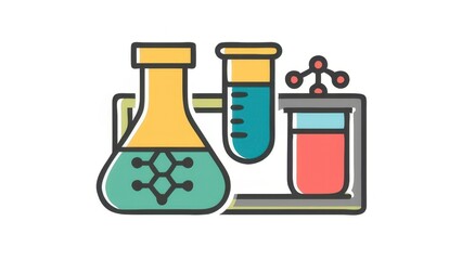 A colorful illustration of laboratory glassware, featuring flasks and test tubes, symbolizing science and experimentation.