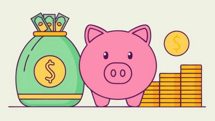Fototapeta premium A colorful illustration featuring a piggy bank, a bag of money, and stacks of coins, symbolizing savings and financial growth.