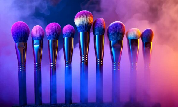 Eight makeup brushes with metallic handles stand in vibrant purple and blue smoke.
