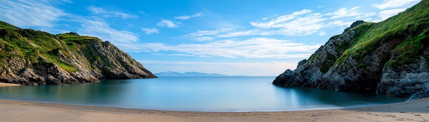 A serene beach scene featuring calm waters, green cliffs, and a clear blue sky, ideal for relaxation and nature appreciation.