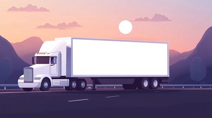 A white semi-truck parked on a highway at sunset, with mountains and a rising sun in the background.