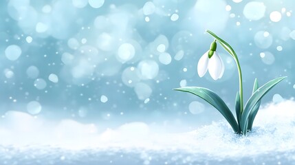 Snowdrop Flower Blooming In Winter Snow