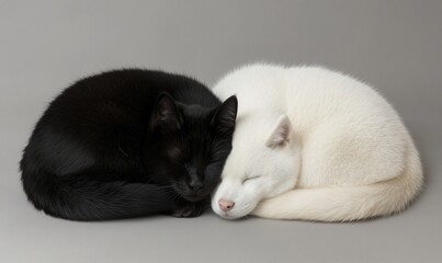 Two cats, one black, one white, sleeping together.