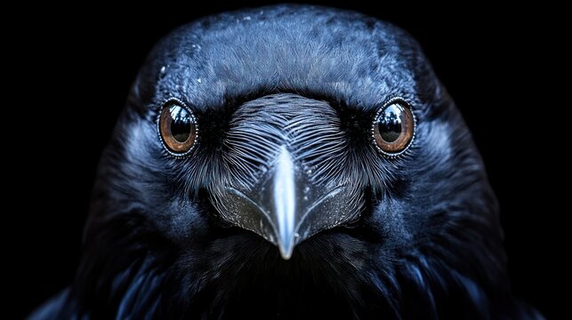 Close-up portrait of a raven against a black background. (1)
