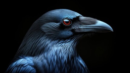 Close-up profile of a raven against a black background. (1)