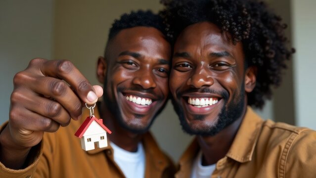 Smiling African American gay couple showing keys to their new home. Two men excited about buying house together. Happy lgbt family beginning a new chapter, achieving life goals and real estate dreams.