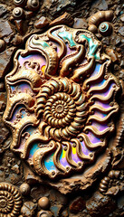 Fototapeta premium Ammonite Fossil Art: Colorful Wall Decoration. A decorative ammonite fossil with vibrant colors embedded in a textured stone and shell mosaic