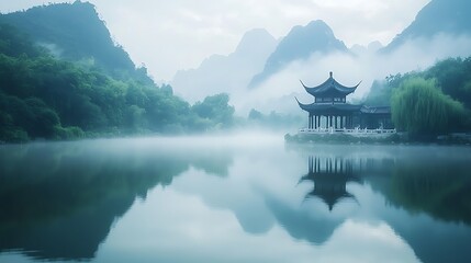 Fototapeta premium Serene Pavilion on Misty Lake in Mountains