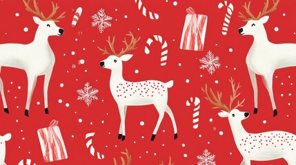 A seamless holiday pattern of reindeer, candy canes, and snowflakes on a red background, perfect for wrapping paper design
