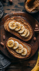 Fototapeta premium Toast with creamy peanut butter and bananas