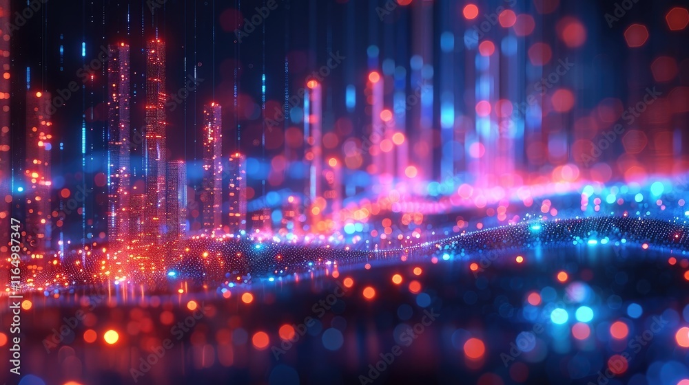 Wall mural abstract digital landscape with vibrant lights and data visualization elements.