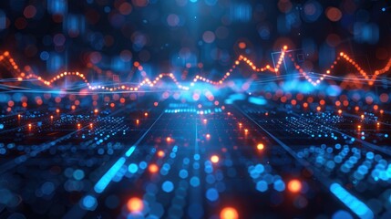 A vibrant digital landscape with glowing lines and dots, representing data and technology.