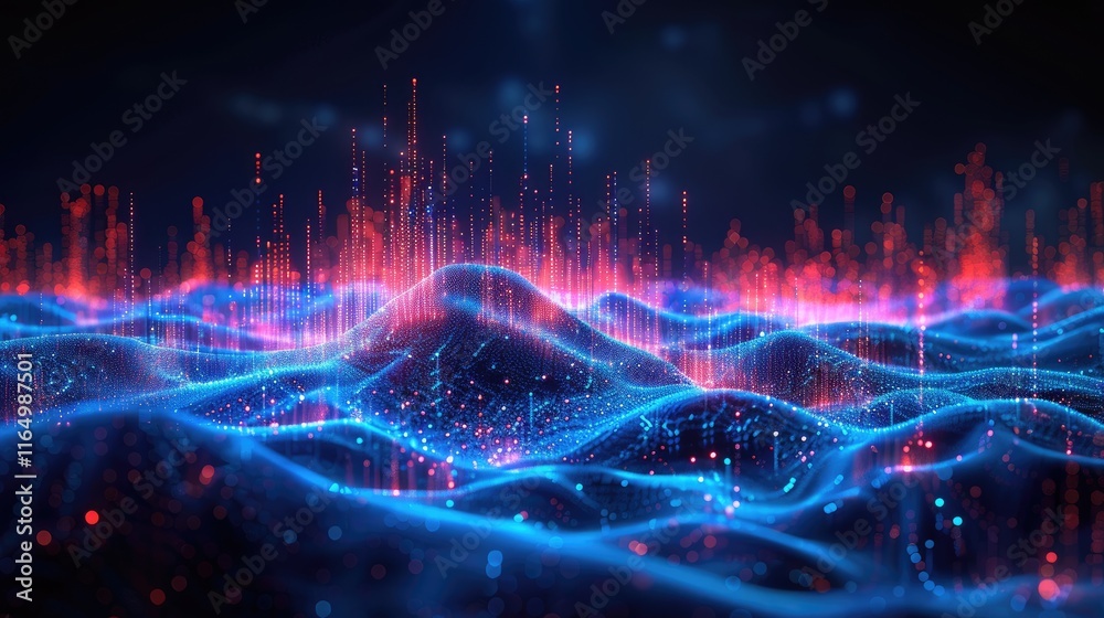 Wall mural abstract digital landscape with vibrant blue and pink wave patterns and data visualizations.