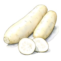 Watercolor Painting of Two Whole Daikons and Two Slices of Daikon Radish.