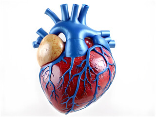 A labeled 3D model of a human heart showing veins, arteries, and chambers.
