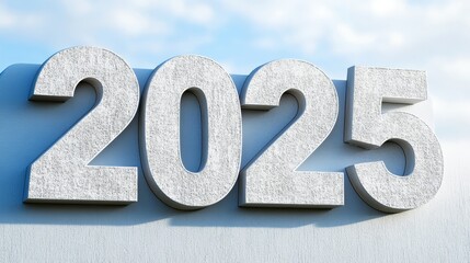 A stylized representation of the year 2025 against a blue sky background.