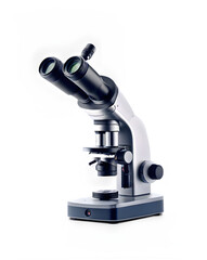 A modern microscope with visible lens details and sleek metallic textures.
