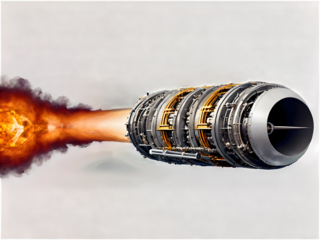 A cross-section of a rocket engine showing detailed combustion and exhaust flames.

