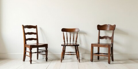 Three vintage wooden chairs against a white wall