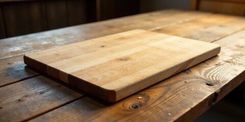 Rustic wooden cutting board rests on aged wooden table surface