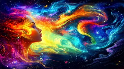 Woman's fiery hair merging with vibrant cosmos.