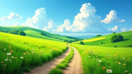 Fototapeta premium Serene Countryside Path Winding Through Vibrant Green Hills and Flower Meadows under a Sunny Sky