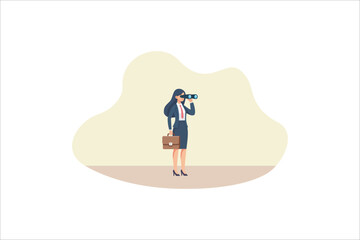 Illustration business woman using binoculars, Research and forecast concept. Vector illustration.