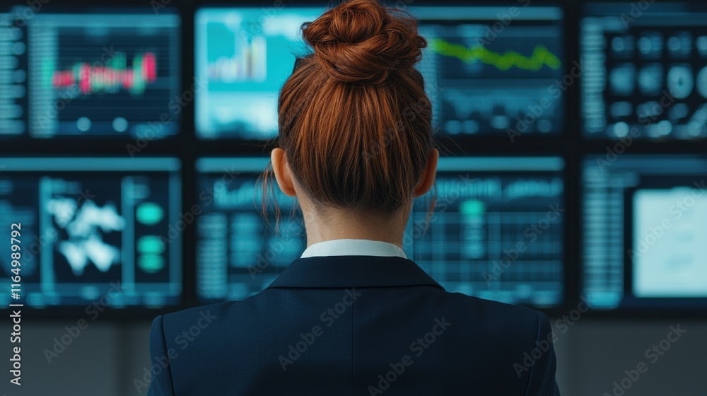 Poster businesswoman analyzing real-time data on multiple digital dashboards