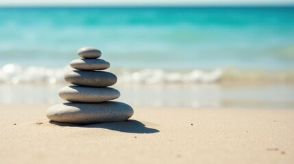 Serene coastal scene featuring a carefully balanced stack of smooth, grey stones on a tranquil beach with a softly blurred ocean background.