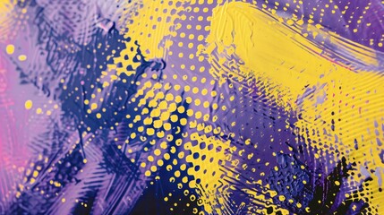 Abstract painting featuring vibrant purple and yellow hues with textured patterns.