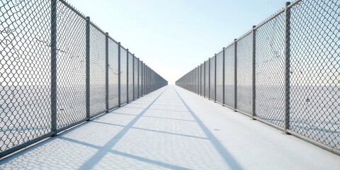 Fototapeta premium A long pathway enclosed by chain link fences extends to a bright horizon.