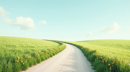 Fototapeta premium Serene Country Road Winding Through Lush Green Fields and Bright Wildflowers on a Sunny Day