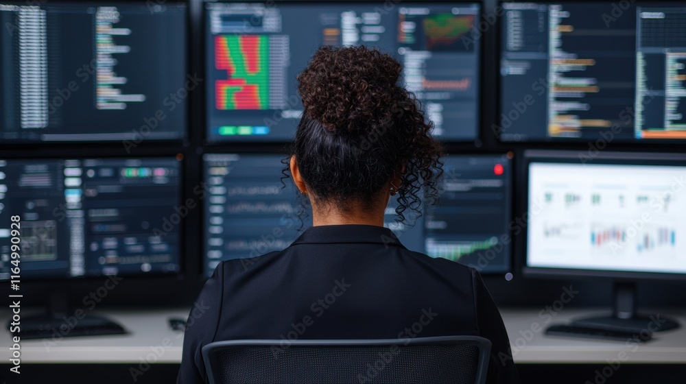 Poster financial analyst monitoring multiple digital dashboards in office