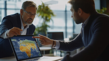Two businessmen review a world map on a laptop screen