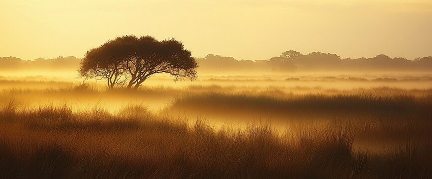 Solitary tree in misty golden sunrise landscape. - Powered by Adobe