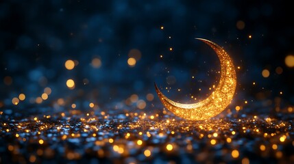Golden Crescent Moon Amidst Sparkling Night Sky