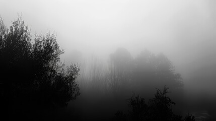 Fototapeta premium A foggy landscape with silhouettes of trees, creating a mysterious and tranquil atmosphere.