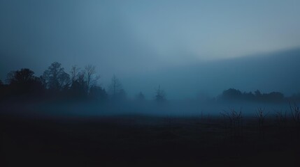 A serene, misty landscape at dusk, evoking tranquility and mystery.