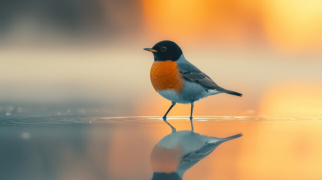 An orange and grey bird with a black head standing on the water, with its reflection visible in the clear lake water, bright light background.