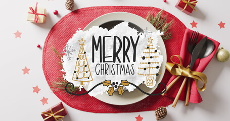 Image of christmas greetings text over christmas place setting and decorations