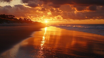 Fiery sunset over ocean beach with sand, waves, and clouds reflecting the vibrant colors.