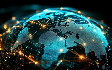 Global network connection, digital earth, glowing lines.