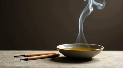 Serene aromatherapy session with incense sticks and a bowl of fragrant oil, creating a calming atmosphere