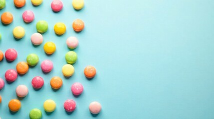 Obraz premium Delightful pastel candies scattered on a light blue background, perfect for festive designs and cheerful celebrations