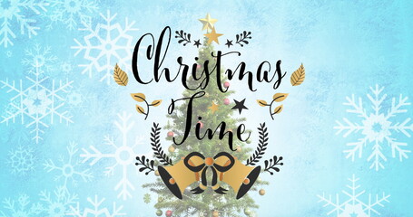 Image of christmas greetings text over christmas tree and snowflakes © vectorfusionart