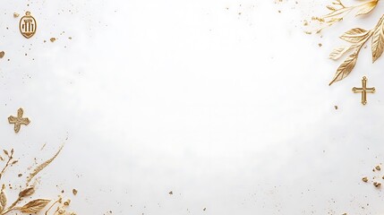 Gold Crosses Leaves and Glitter Frame a White Background
