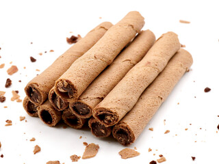 Stack of Chocolate Wafer Rolls Isolated on a White Background